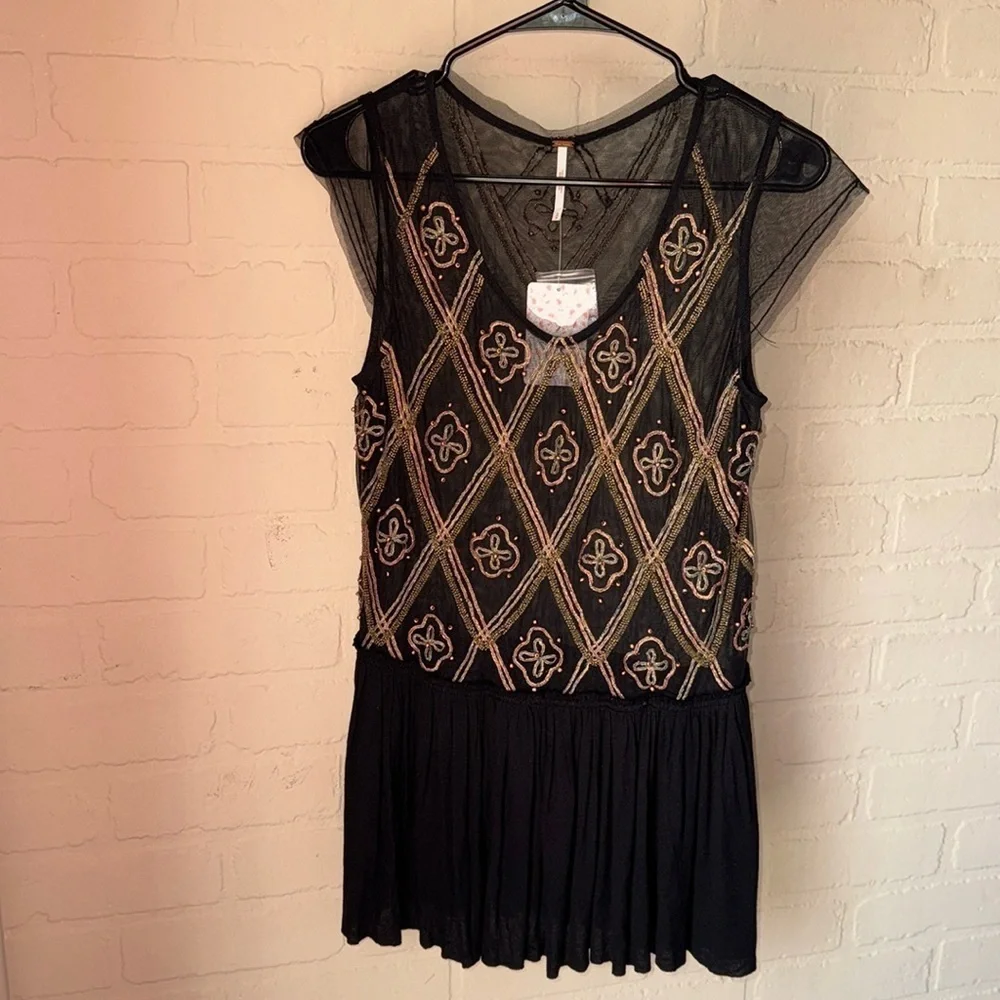 Free people shirt tulle raw pleated hem embroidered top beaded embroidery